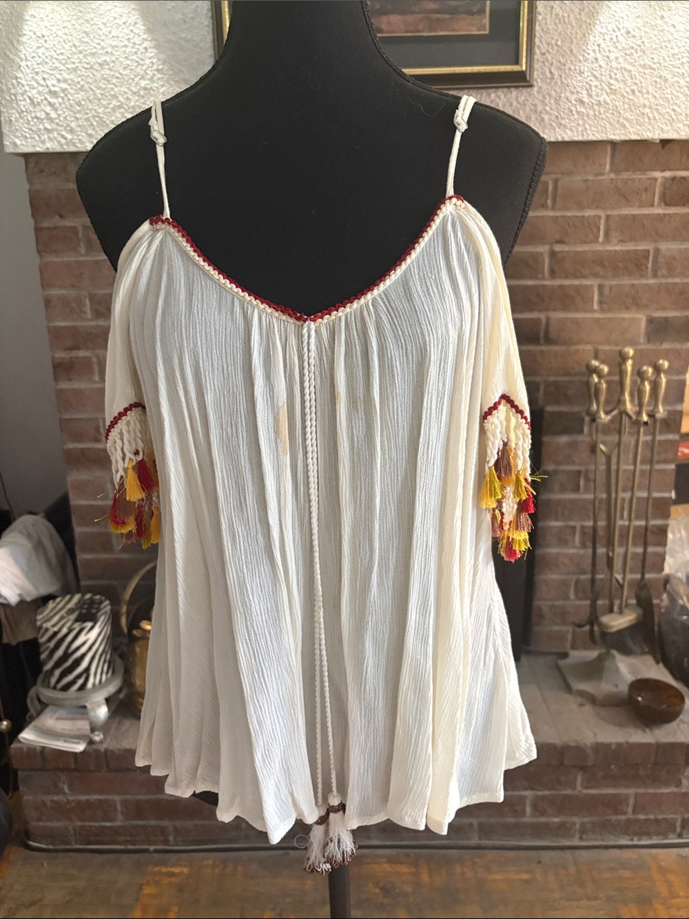 Band of Gypsies Ivory Tassel Cold-Shoulder Camisole with Red & Yellow Trim